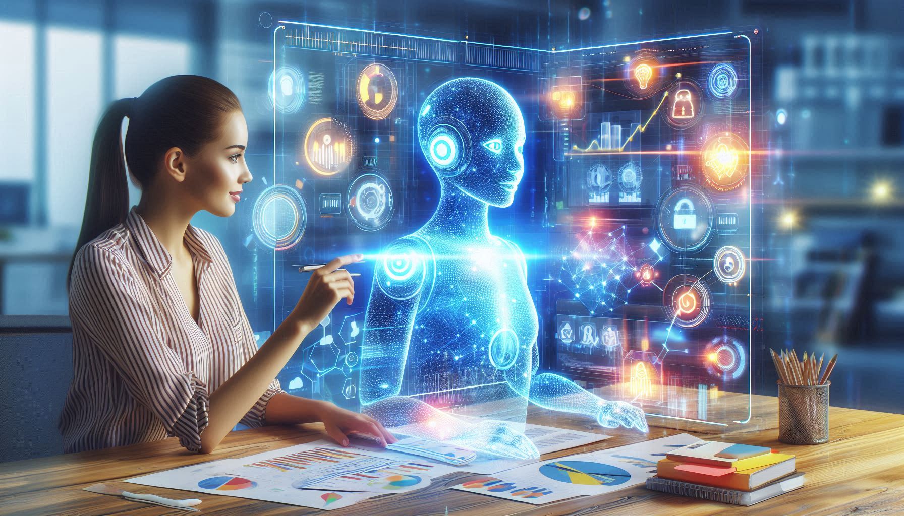 Woman at a Desk Interacts with a Holographic Blue Ai Figure and Futuristic Data Charts and Icons