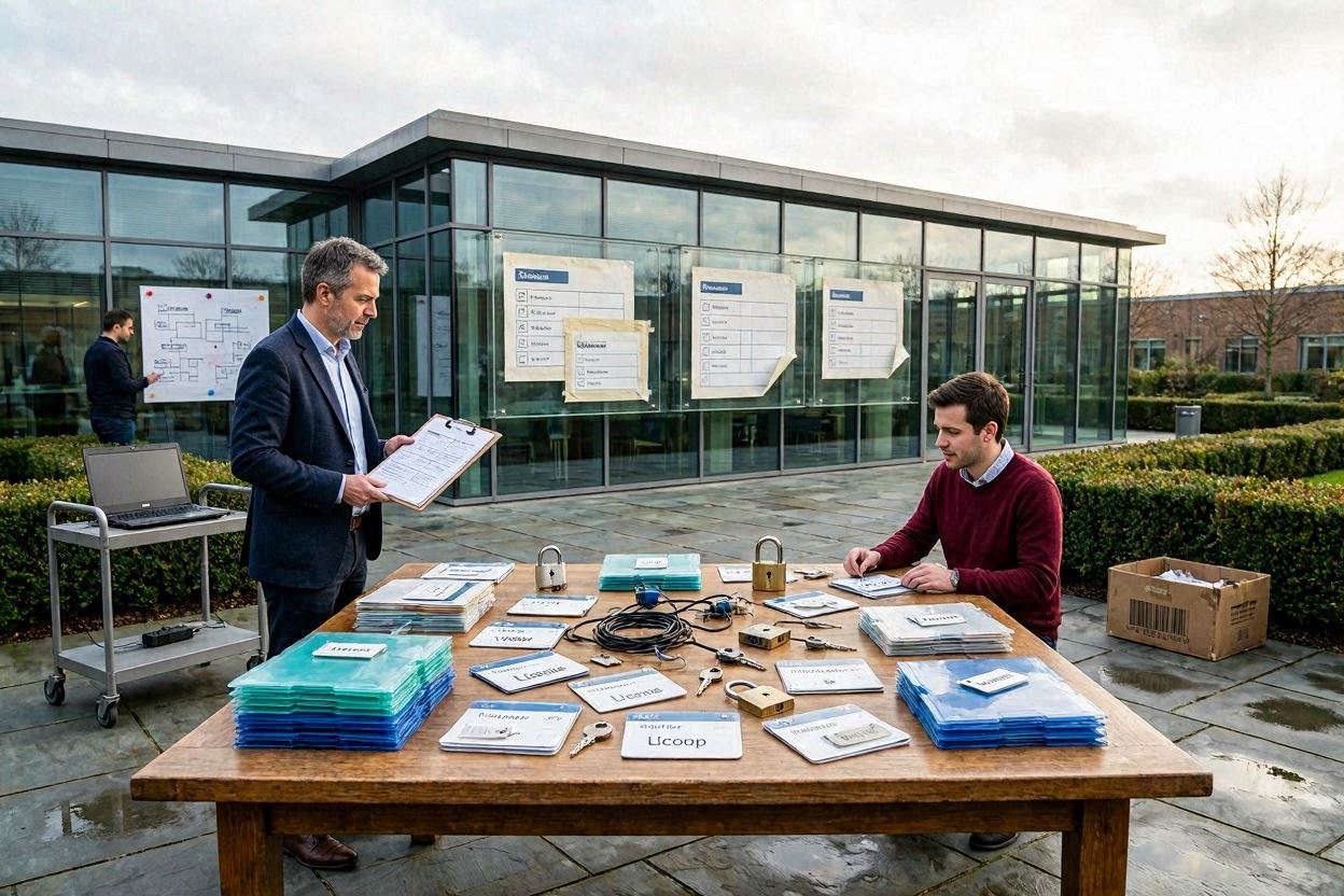 Two Men Setup a Workshop Outdoors at a Glass walled Building Organizing Folders Name Cards and Padlocks on a Wooden Table Outside the Entrance