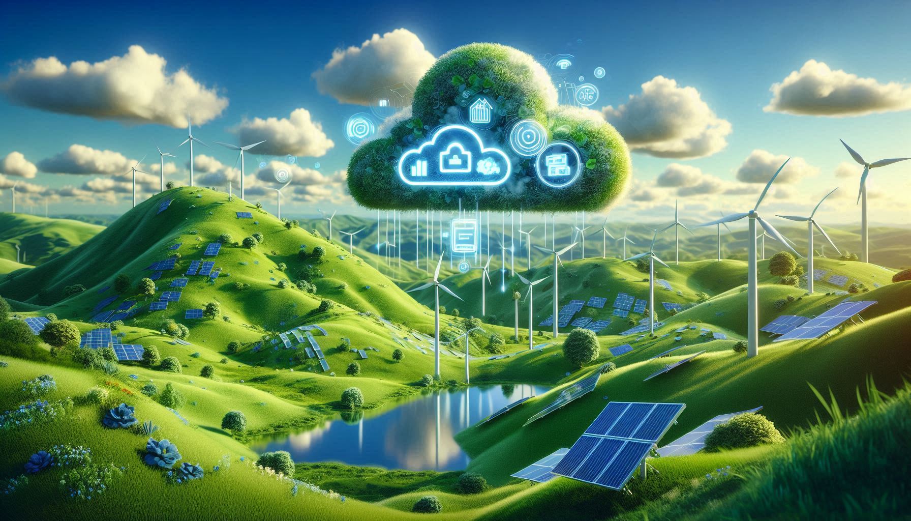 Green Hills Dotted with Wind Turbines and Solar Panels Beneath a Glowing Cloud shaped Data Icon Symbolizing Cloud Computing in a Renewable Energy Landscape